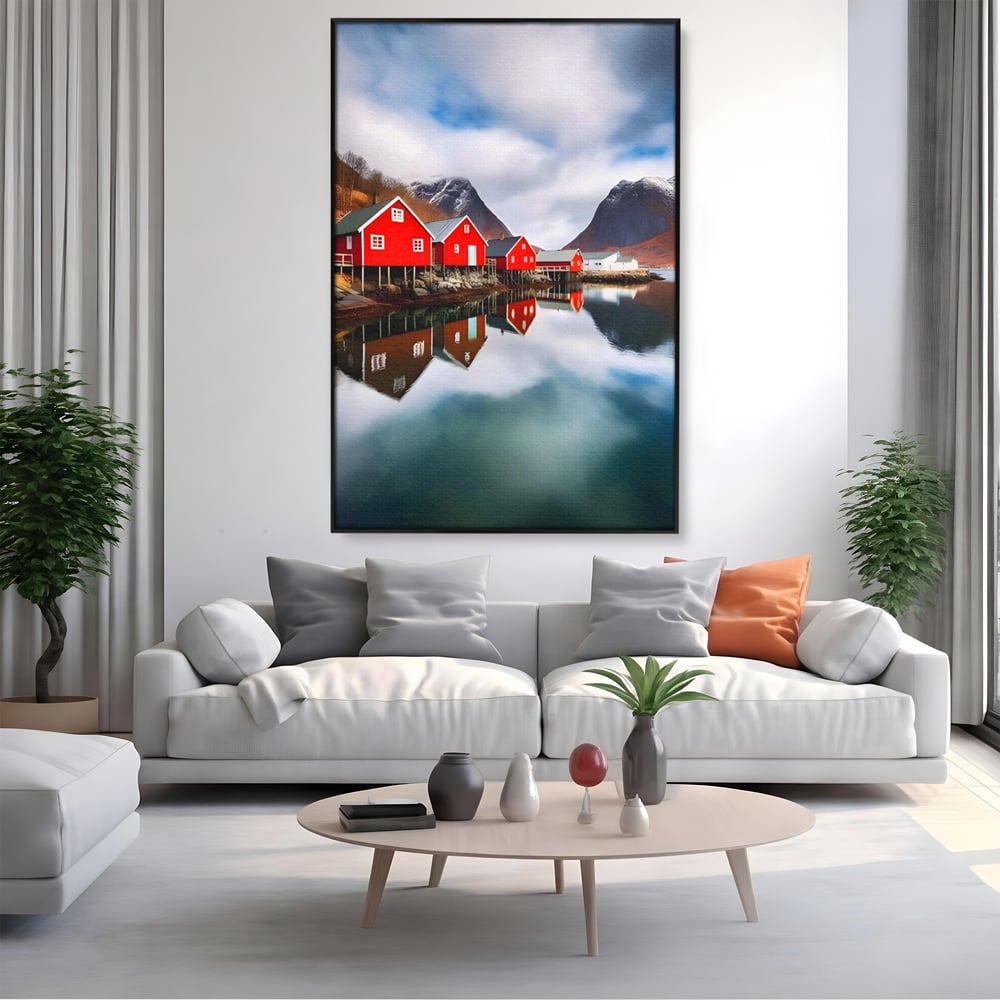 Tablou canvas cu tablou canvas cu cabane rosii, in rama de aluminiu negru, pe perete intr-un living